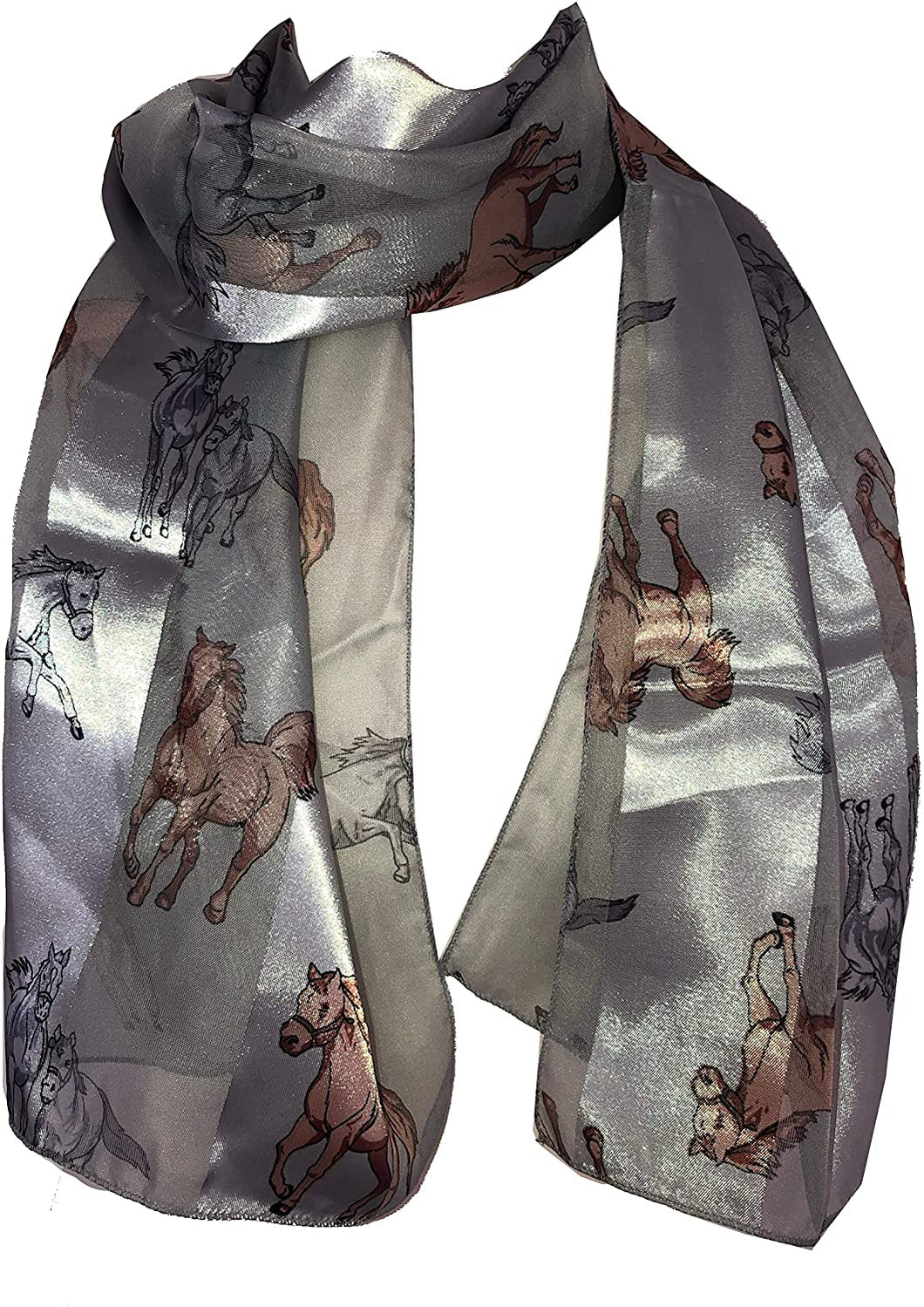 Pamper Yourself Now Light Grey Running Horse Shiny Thin Pretty Scarf