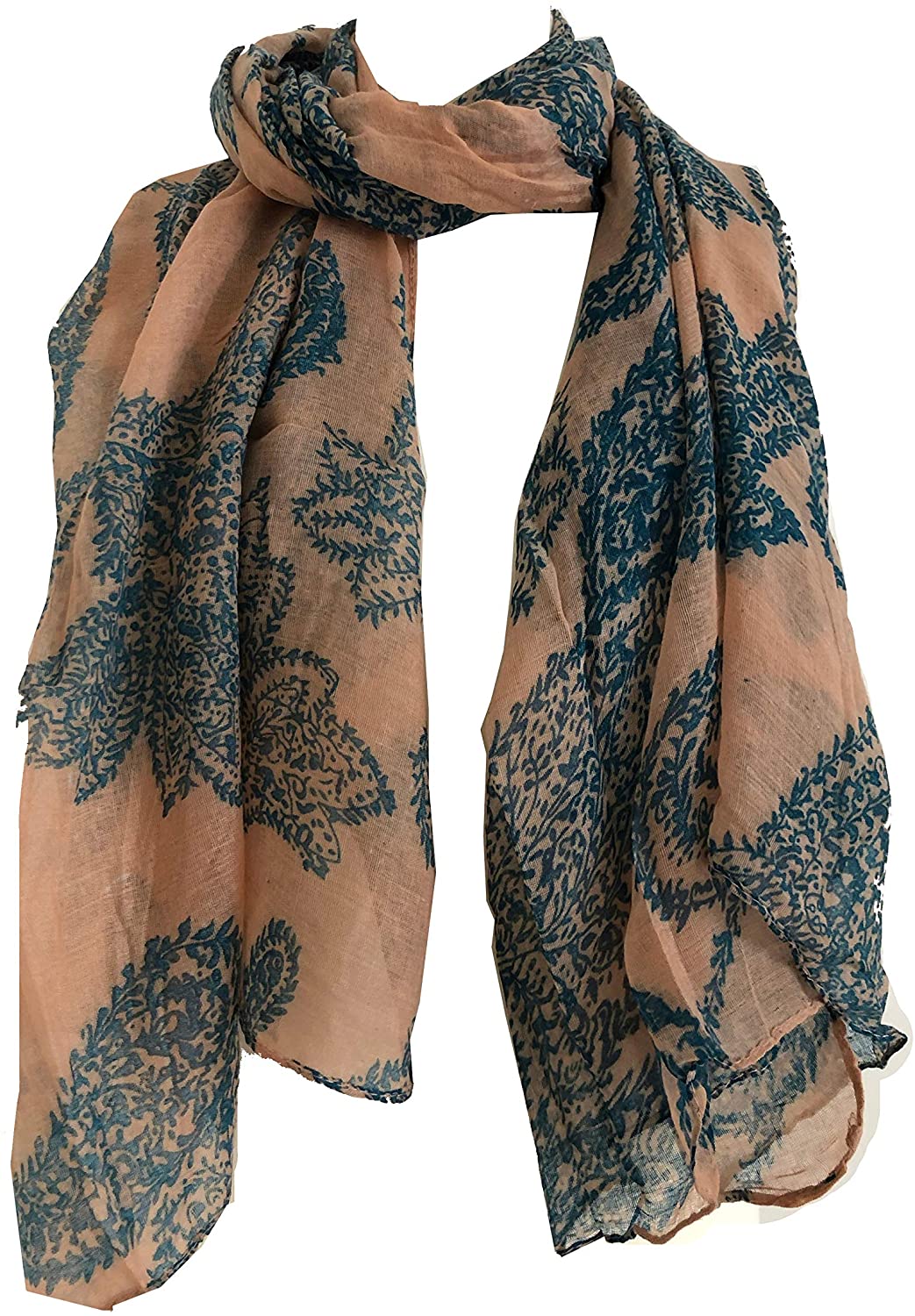 Pamper Yourself Now Coral with Blue Paisley Pattern, Long Scarf, Soft Ladies Fashion London