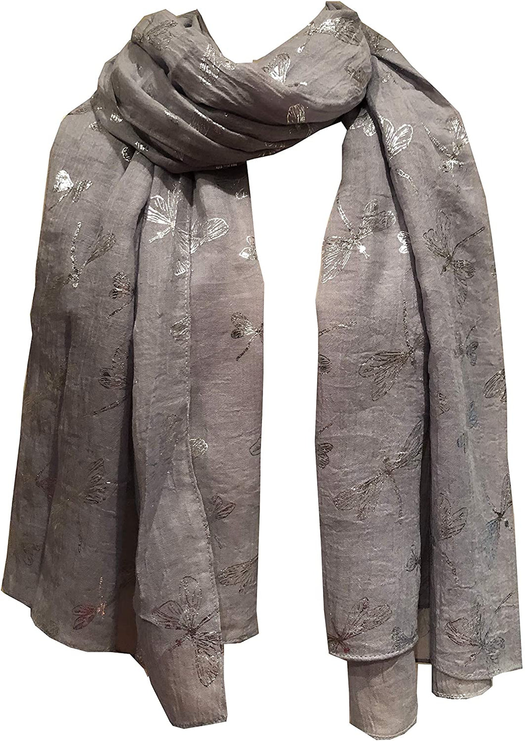Pamper Yourself Now Light Grey with Silver Foiled Glitter Dragonfly Design Long Scarf/wrap