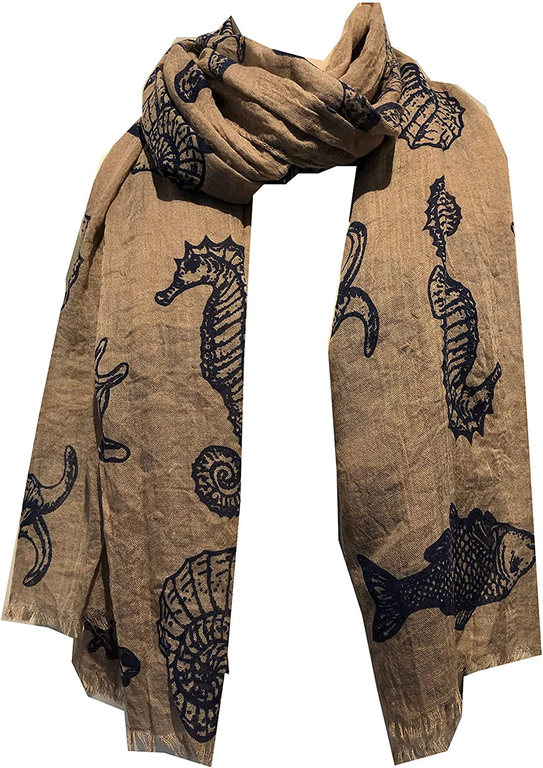 Pamper Yourself Now Beige/Brown with Blue Shells, Star Fish, sea Horse and Fish Under The sea Long Scarf with Frayed Edge.