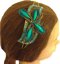 Load image into Gallery viewer, Teal Dragonfly design aliceband, headband with pretty stone
