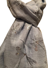 Load image into Gallery viewer, Pamper Yourself Now Sky Blue with Silver Foiled Glitter Dragonfly Design Long Scarf/wrap
