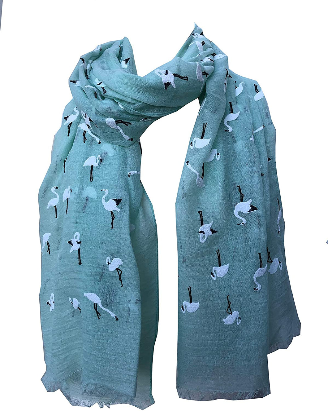 Pamper Yourself Now Lime Green with White Standing up Flamingo Long Scarf/wrap with Frayed Edge