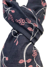 Load image into Gallery viewer, Blue with pink embroidered flowers and leaf design long Scarf/wrap with frayed edge
