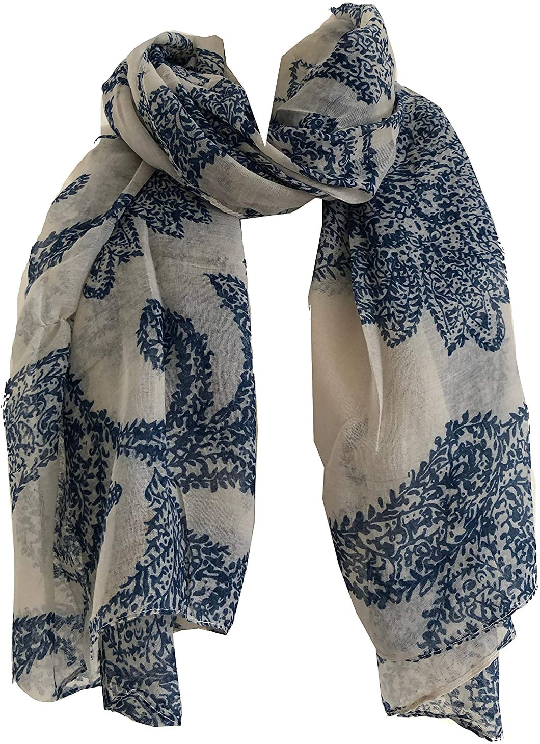 Pamper Yourself Now White with Blue Paisley Pattern Long Scarf, Soft Ladies Fashion London