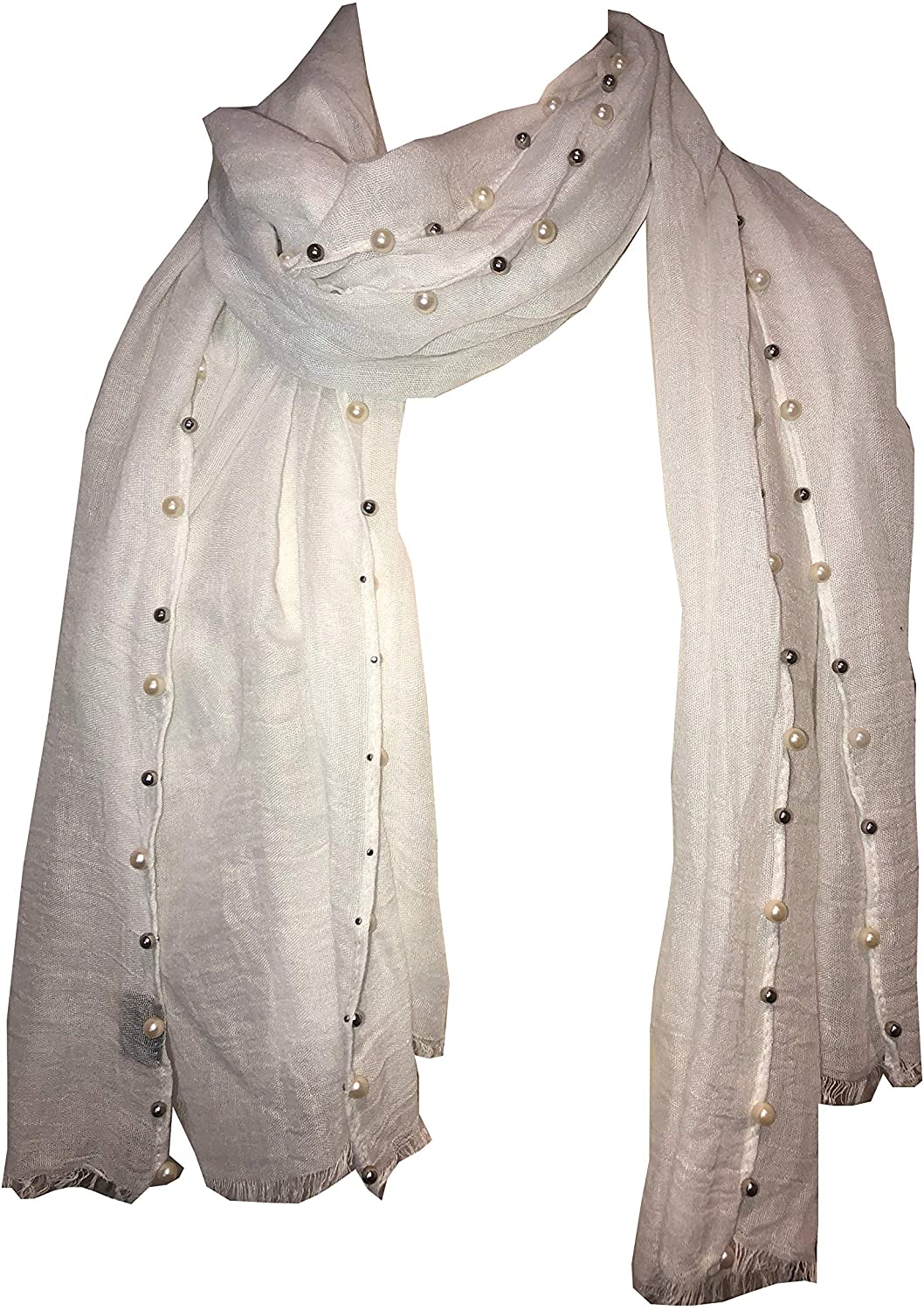 Pamper Yourself Now White with Beads and Pearls with Frayed Edge Long Soft Scarf/wrap