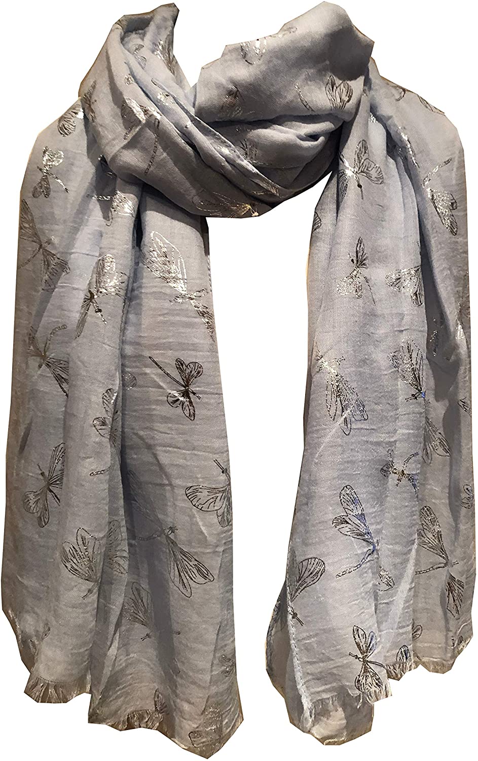 Pamper Yourself Now Sky Blue with Silver Foiled Glitter Dragonfly Design Long Scarf/wrap