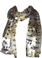 Load image into Gallery viewer, Pamper Yourself Now Gold/Beige Musical Notes Scarf with Blue Notes
