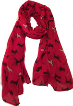 Load image into Gallery viewer, Pamper Yourself Now Red with Mixed Pooch Dog Design Long Scarf. Sausage Dog, west Ireland Terrier, Wolf Hound

