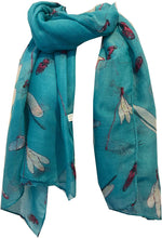 Load image into Gallery viewer, Pamper Yourself Now Aqua with Dragonfly and Bugs Design Long Soft Scarf, Great Present/Gift.
