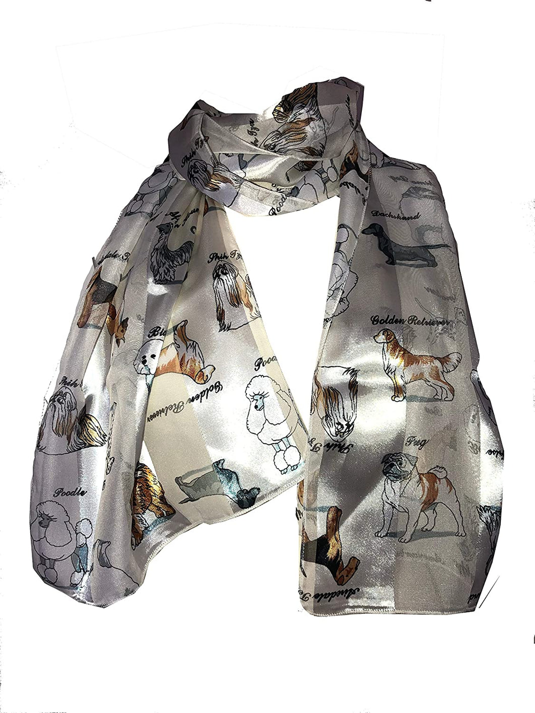 Pamper Yourself Now Cream Shiny Dog Scarf with Different Dog Breeds