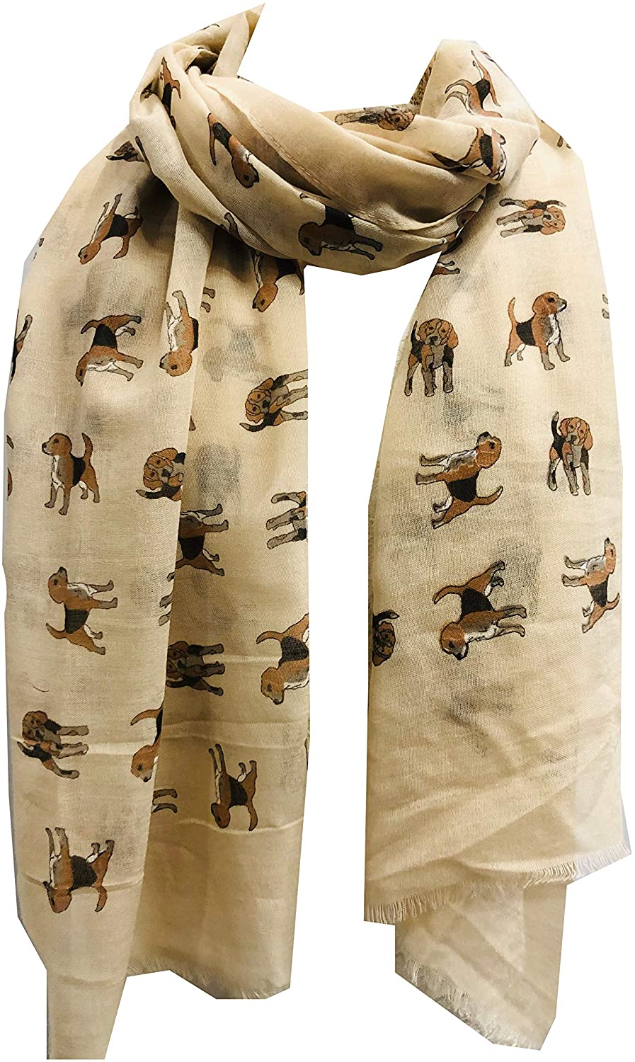 Pamper Yourself Now Beige with Brown/tan Beagles Long Scarf with Frayed Edge, Great Presents/Gift for Beagle Dog Lovers.