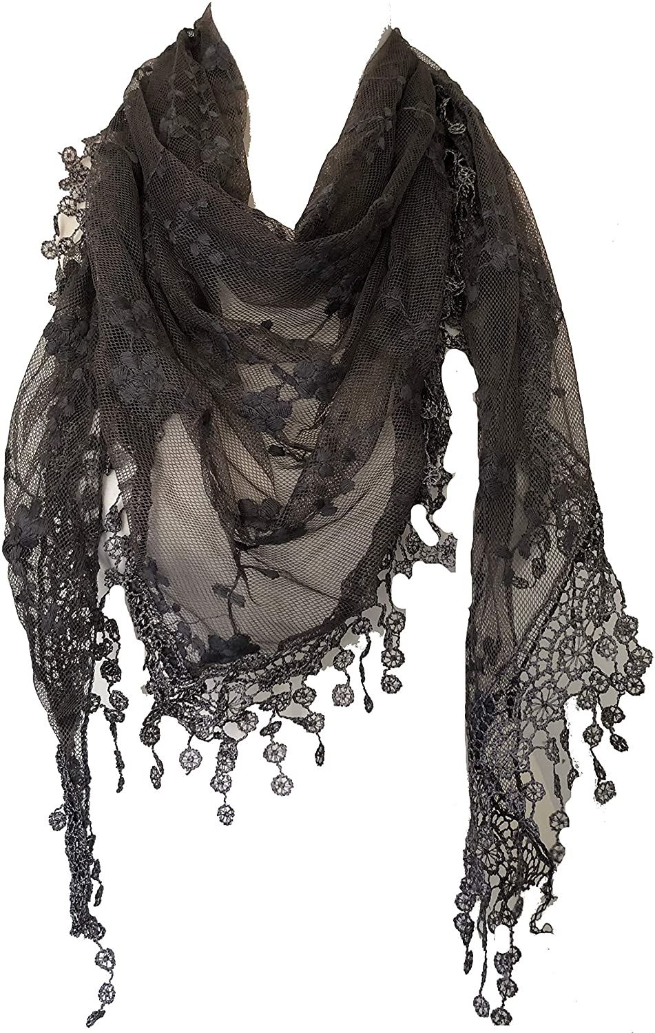 Pamper Yourself Now Dark Grey Small Flower lace Triangle Scarf. a Lovely Fashion Item. Fantastic Gift