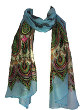 Load image into Gallery viewer, Pamper Yourself Now Blue with Bright Coloured Paisley Long Scarf, Soft Ladies Fashion London
