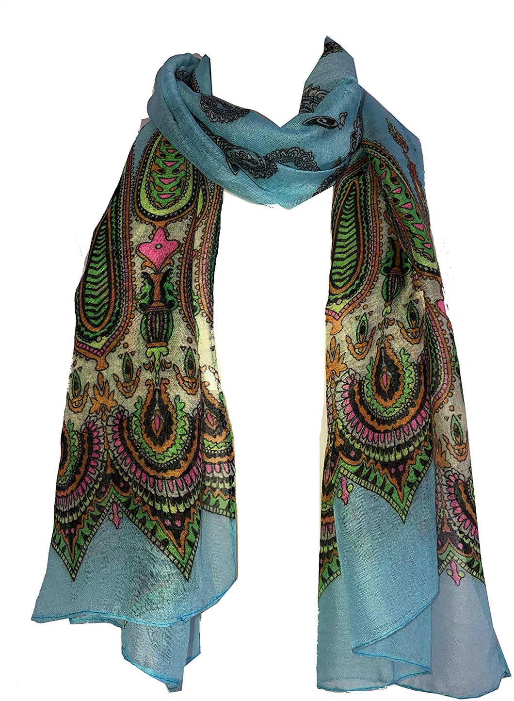 Pamper Yourself Now Blue with Bright Coloured Paisley Long Scarf, Soft Ladies Fashion London