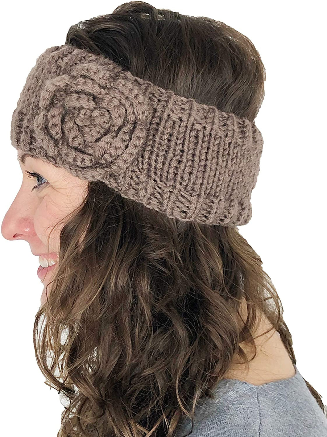 Brown woollen machine knitted headband with flower. Warm winter headband