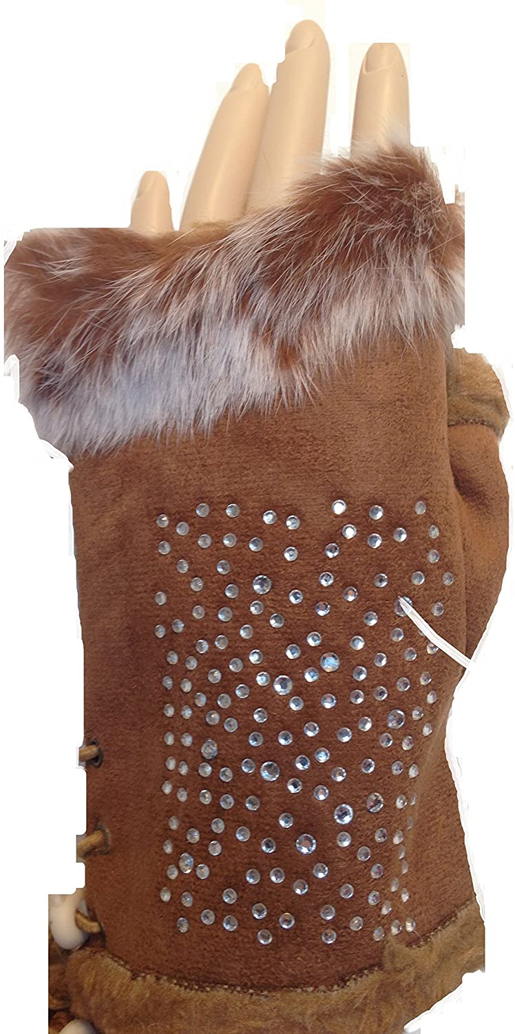 Pamper Yourself Now Brown Faux Fur Trimmed Fingerless Gloves with Sparkle. Lovely Gift