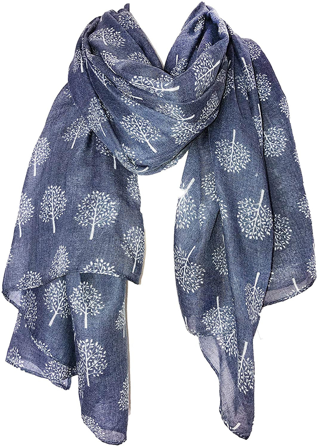 Blue Scarf with a White Mulberry Tree Style Print Ladies Trees Wrap Denim Blue Colour Shawl
