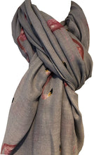 Load image into Gallery viewer, Grey with watercolour flamingo scarf with frayed edge long soft scarf
