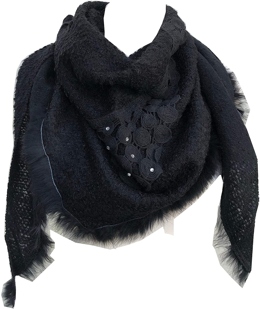 Pamper Yourself Now Black Triangle Scarf with Fur Trim and Sequin.