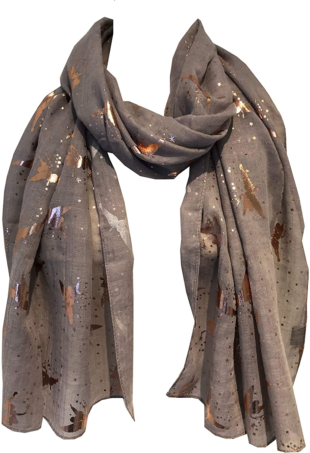 Pamper Yourself Now Light Grey with Gold Fairy Design Long Scarf/wrap