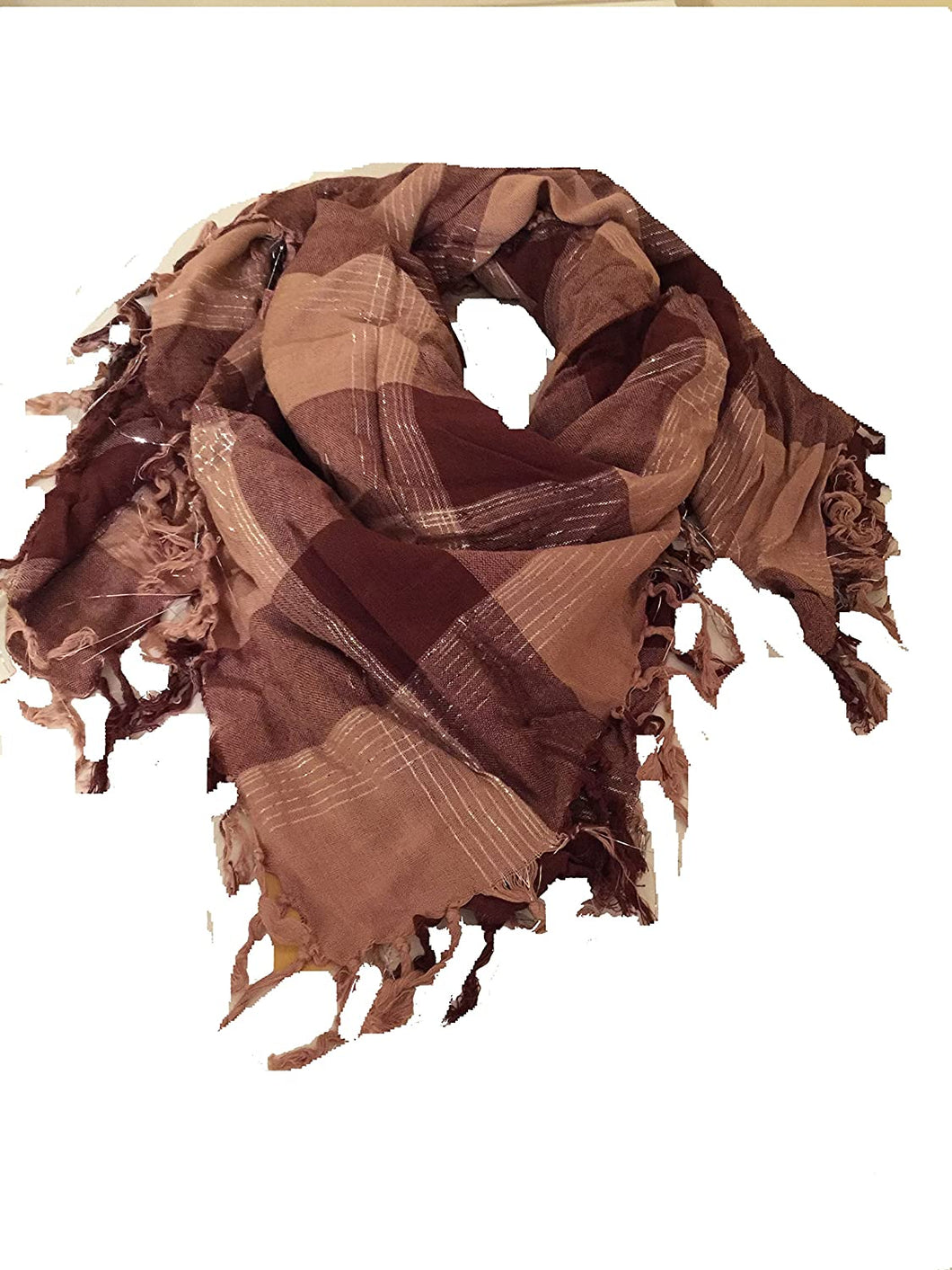 Pamper Yourself Now Brown with Silver Checked Design Square Scarf with Tassels