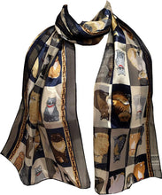 Load image into Gallery viewer, Ladies Shiny cat Scarf with a Square Design and Multi Coloured Cats. Great Present for Any cat Lovers.
