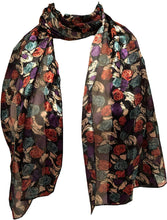 Load image into Gallery viewer, Pamper Yourself Now Black with Green, Purple and Pink Small Roses Scarf Shiny Thin Pretty Scarf
