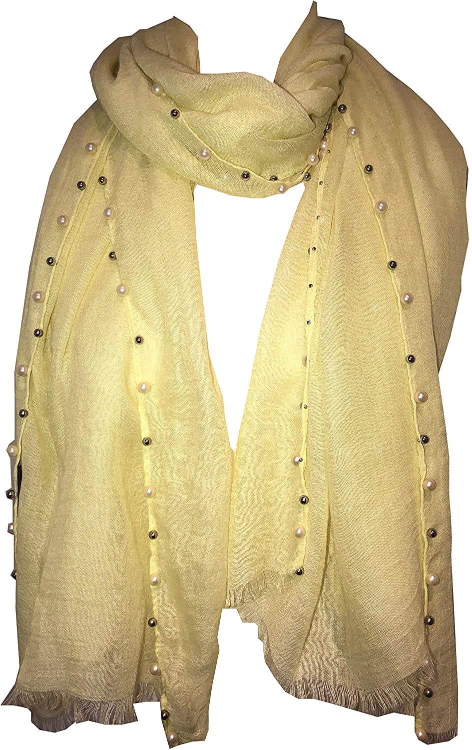 Pamper Yourself Now Yellow with Beads and Pearls with Frayed Edge Long Soft Scarf/wrap