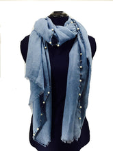 Load image into Gallery viewer, Pamper Yourself Now Denim Blue with Beads and Pearls with Frayed Edge Long Soft Scarf/wrap
