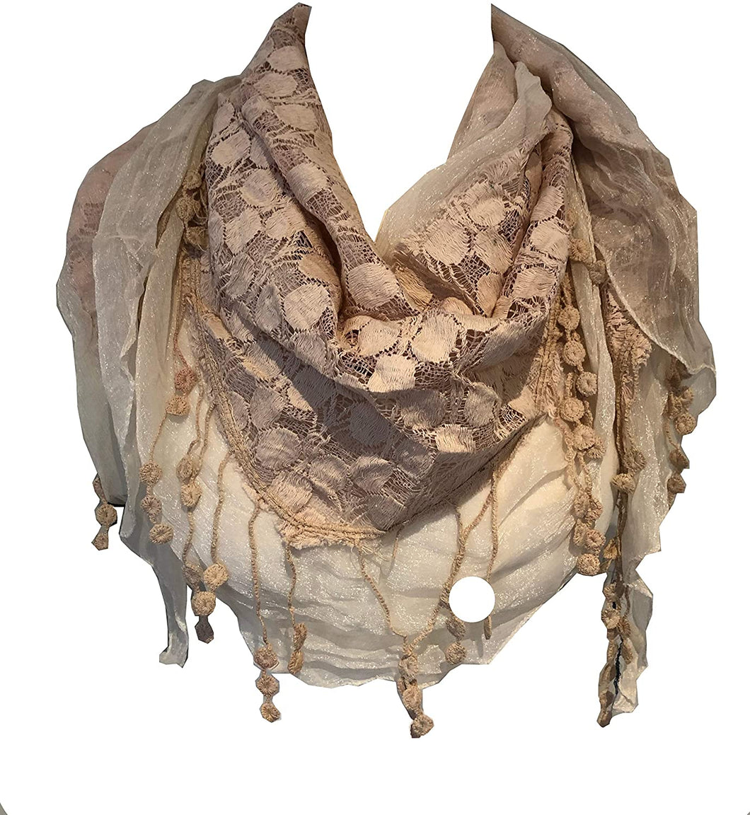 Pamper Yourself Now Beige Circle lace with Chiffon Edge Design Triangle Scarf