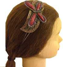Load image into Gallery viewer, Burgundy/purple Dragonfly design aliceband, headband with pretty stone
