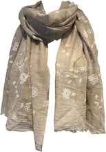 Load image into Gallery viewer, Pamper Yourself Now Beige with White Embroidered Flowers and Leaf Design Long Scarf/wrap with Frayed Edge
