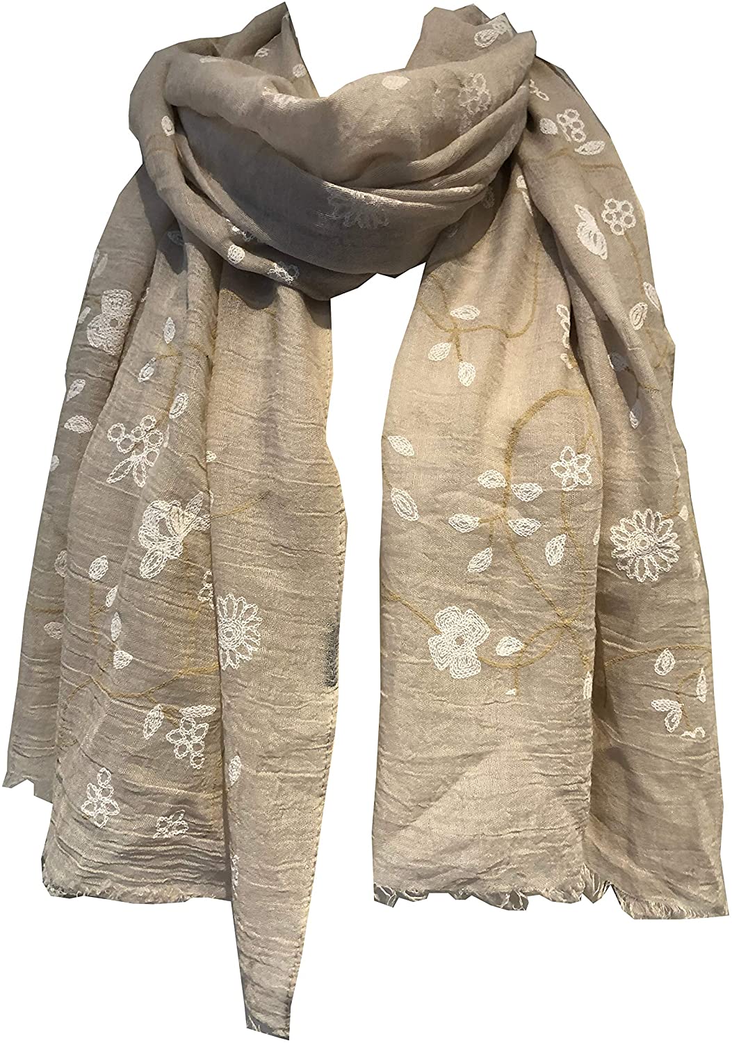 Pamper Yourself Now Beige with White Embroidered Flowers and Leaf Design Long Scarf/wrap with Frayed Edge