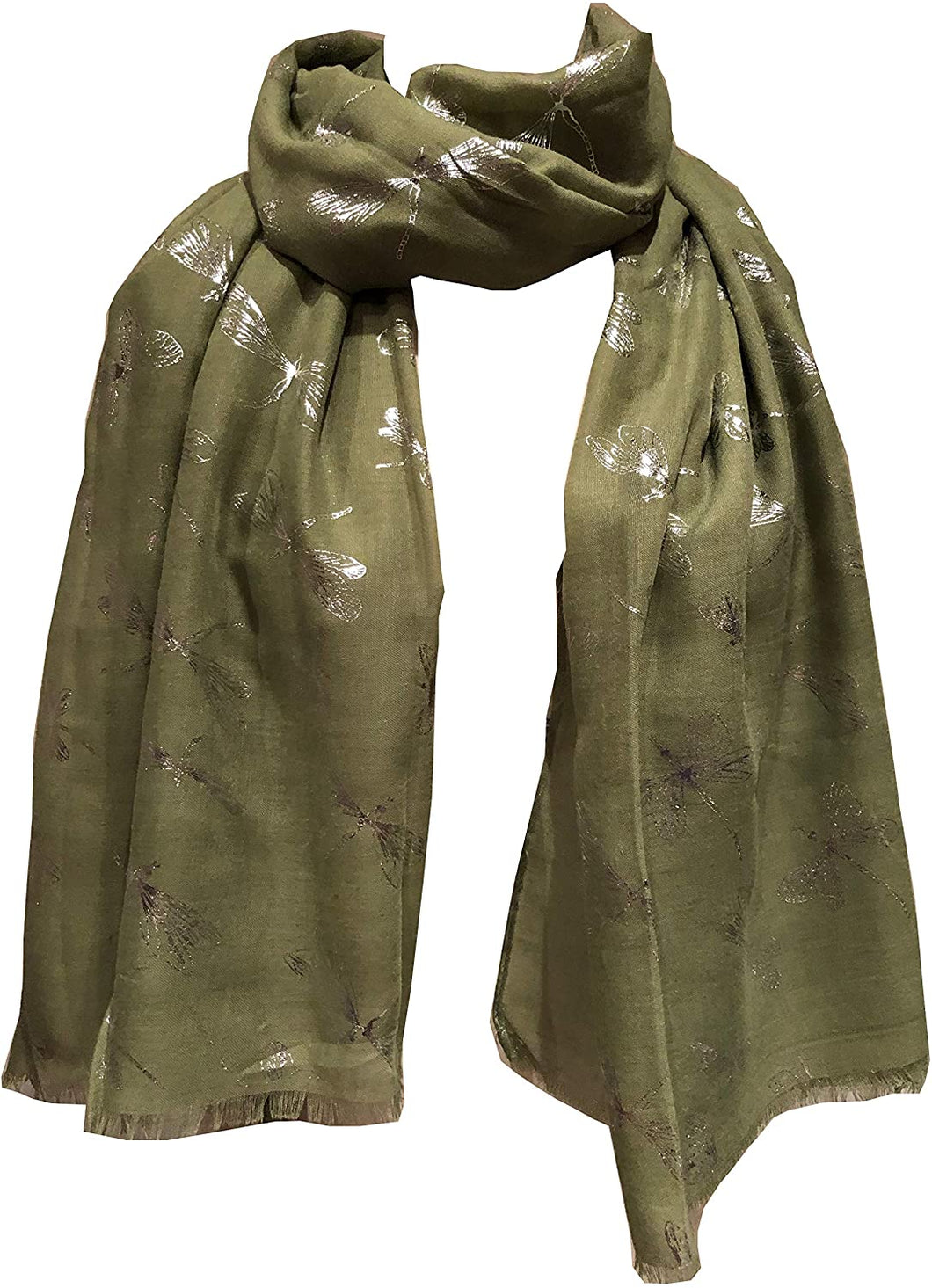 Pamper Yourself Now Olive Green with Silver Foiled Glitter Dragonfly Design Long Scarf/wrap