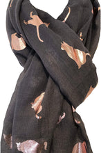Load image into Gallery viewer, Dark grey with gold foiled cats long soft scarf
