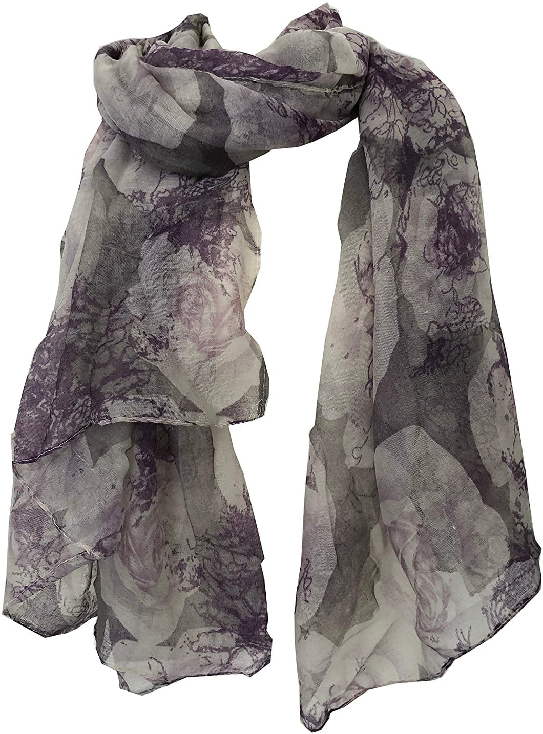 Pamper Yourself Now Light Grey with Cream/Purple Big Roses Design Scarf