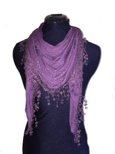 Load image into Gallery viewer, Deep purple Jersey with sparkle and lace trimmed triangle Scarf Soft Summer Fashion London Fashion Fab Gift

