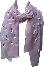 Load image into Gallery viewer, Pamper Yourself Now Peachy Pink with White Standing up Flamingo Long Scarf/wrap with Frayed Edge
