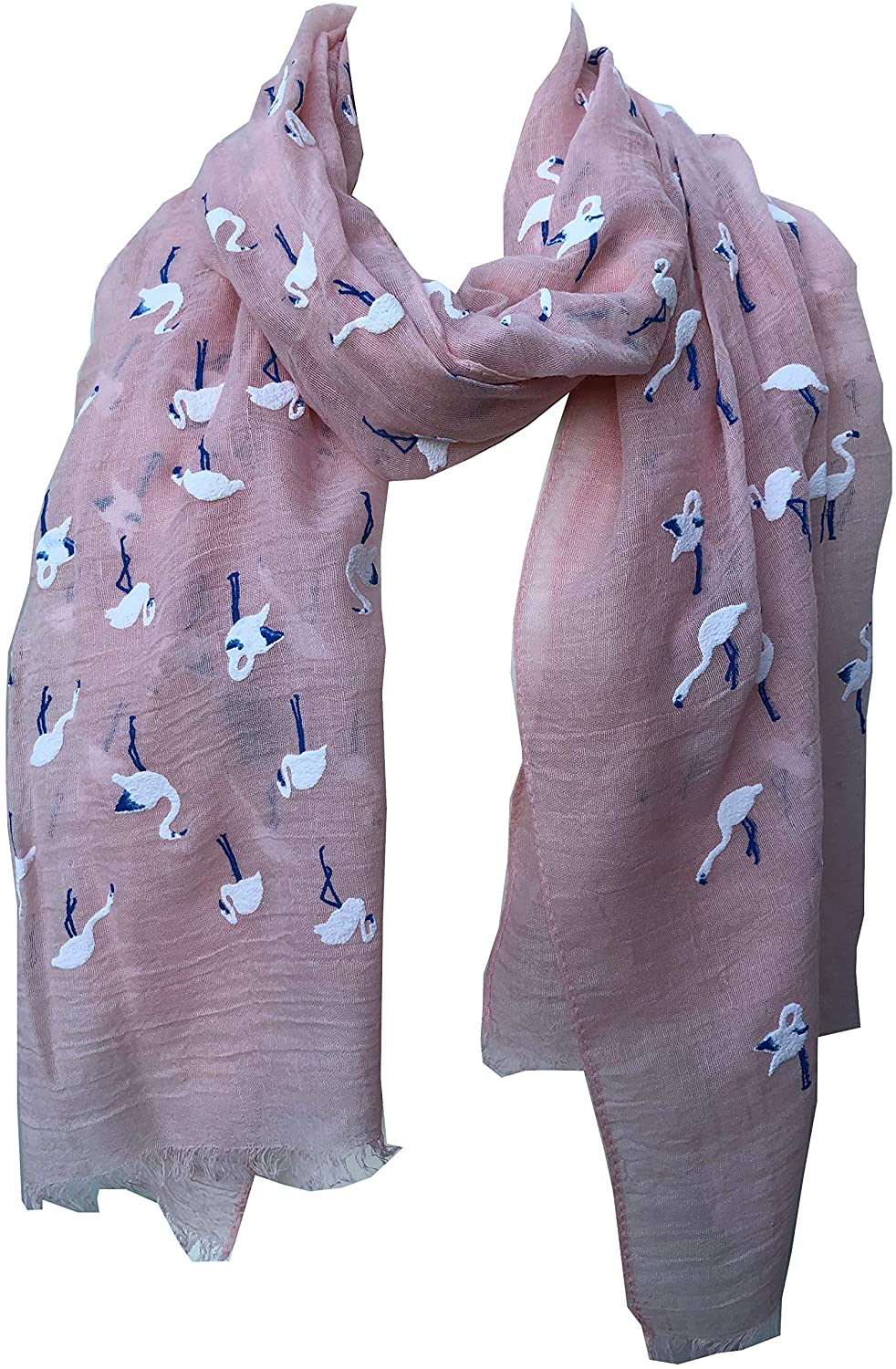 Pamper Yourself Now Peachy Pink with White Standing up Flamingo Long Scarf/wrap with Frayed Edge