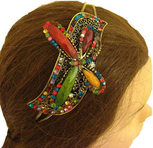 Load image into Gallery viewer, Multi coloured Dragonfly design aliceband, headband with pretty stone
