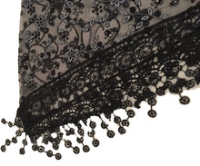 Load image into Gallery viewer, Pamper Yourself Now Black with White Glittery Flower lace Triangle Scarf with lace Trim
