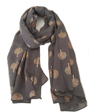Load image into Gallery viewer, Pamper Yourself Now Grey with Gold Foiled Mulberry Tree Design Ladies Scarf/wrap. Great Present for Mum, Sister, Girlfriend or Wife.

