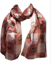 Load image into Gallery viewer, Pink dog scarf with a square design and different dog breeds
