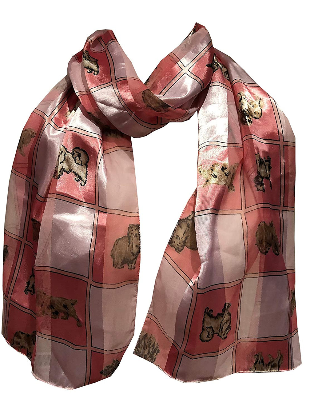Pink dog scarf with a square design and different dog breeds