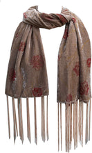 Load image into Gallery viewer, Beige Velvet with red flowers lovely long scarf/wrap with tassels
