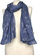 Load image into Gallery viewer, Blue with silver silhouette different dogs long scarf
