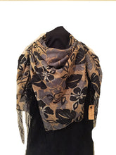 Load image into Gallery viewer, Pamper Yourself Now Beige with Black Flower and Grey Leaf Design Square Scarf
