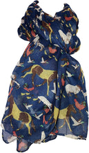 Load image into Gallery viewer, Blue Farmyard Animals Horses, Sheep, Lambs, Chickens and Geese Scarf/wrap
