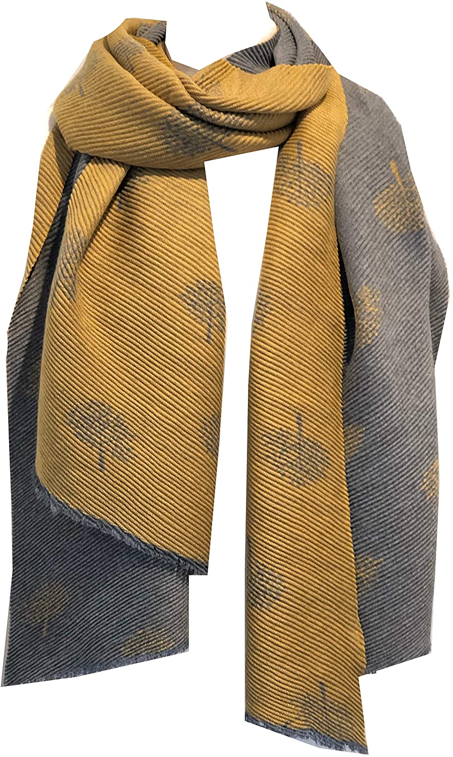 Pamper Yourself Now Women's Reversible Two Tone Blanket Pleated Winter/Autumn Scarf wrap Shawl with Mulberry Trees. Great for Gifts. (Grey/Mustard)